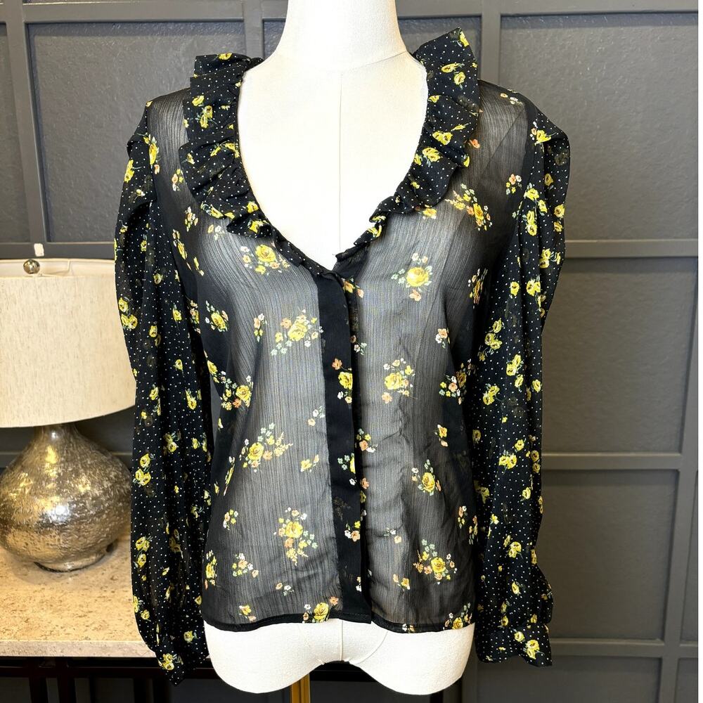 Zara Women's Black Floral Ruffle Collar Long Sleeve Feminine Sheer Blouse Med
